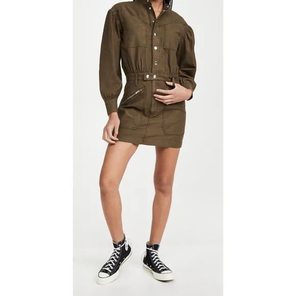Frame Moto Zip Dress S M $348 Army Green Snap Front Mini NWT