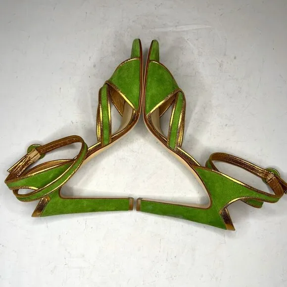 Francesco Russo Green Suede Gold Leather Trim Heels 40