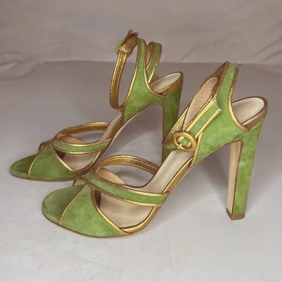 Francesco Russo Green Suede Gold Leather Trim Heels 40
