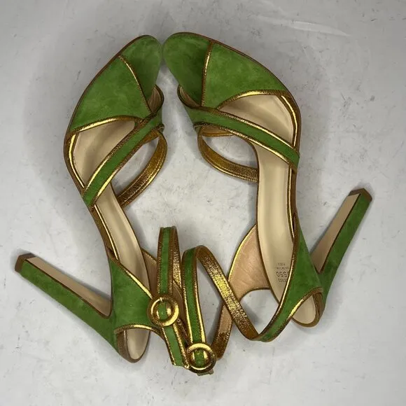 Francesco Russo Green Suede Gold Leather Trim Heels 40
