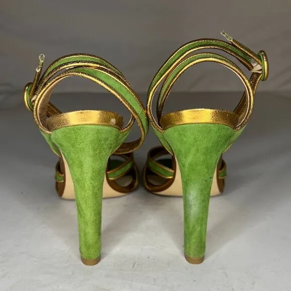 Francesco Russo Green Suede Gold Leather Trim Heels 40