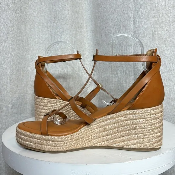 FRANCO SARTO PANA ANKLE STRAP ESPADRILLE WEDGE COGNAC GOLD ACCENT SANDALS *NWT*