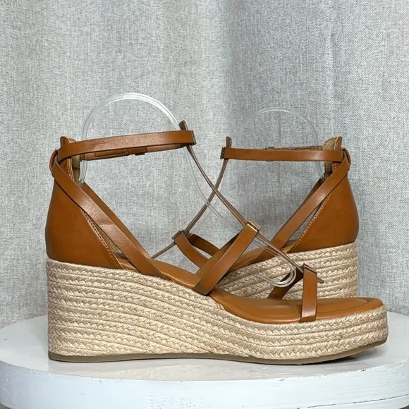 FRANCO SARTO PANA ANKLE STRAP ESPADRILLE WEDGE COGNAC GOLD ACCENT SANDALS *NWT*