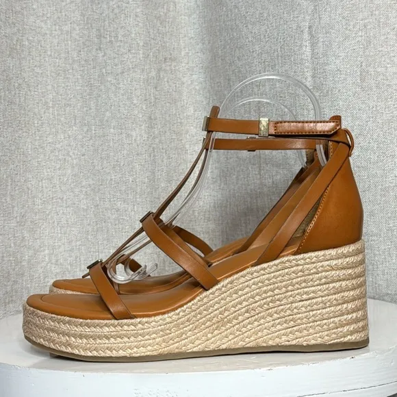 FRANCO SARTO PANA ANKLE STRAP ESPADRILLE WEDGE COGNAC GOLD ACCENT SANDALS *NWT*