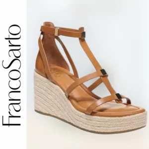 FRANCO SARTO PANA ANKLE STRAP ESPADRILLE WEDGE COGNAC GOLD ACCENT SANDALS *NWT*