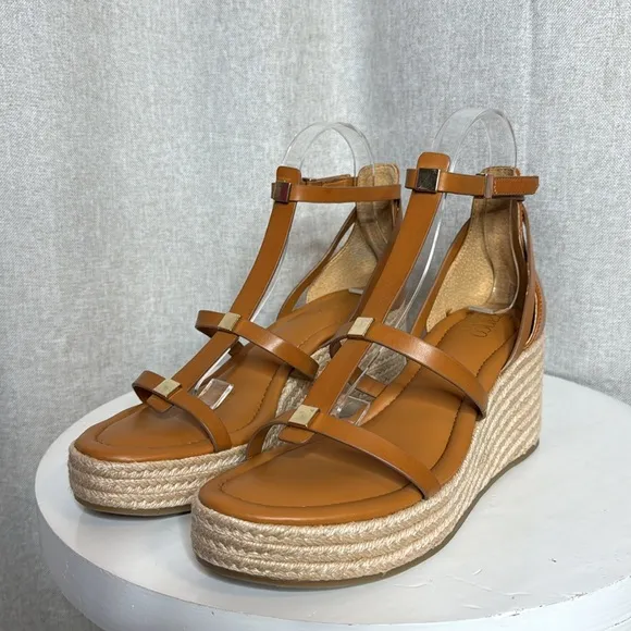 FRANCO SARTO PANA ANKLE STRAP ESPADRILLE WEDGE COGNAC GOLD ACCENT SANDALS *NWT*