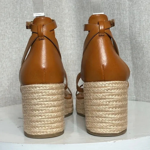 FRANCO SARTO PANA ANKLE STRAP ESPADRILLE WEDGE COGNAC GOLD ACCENT SANDALS *NWT*