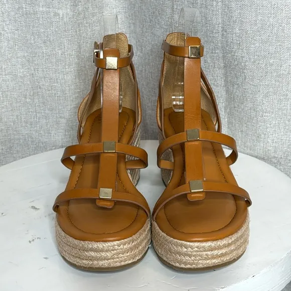 FRANCO SARTO PANA ANKLE STRAP ESPADRILLE WEDGE COGNAC GOLD ACCENT SANDALS *NWT*