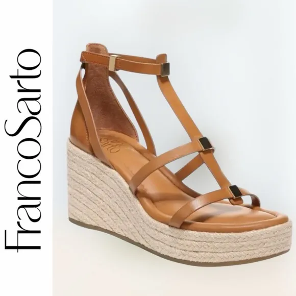 FRANCO SARTO PANA ANKLE STRAP ESPADRILLE WEDGE COGNAC GOLD ACCENT SANDALS *NWT*