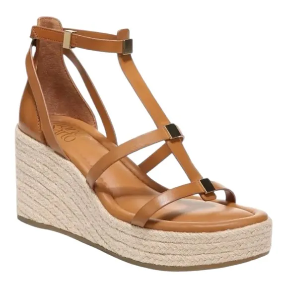 FRANCO SARTO PANA ANKLE STRAP ESPADRILLE WEDGE COGNAC GOLD ACCENT SANDALS *NWT*