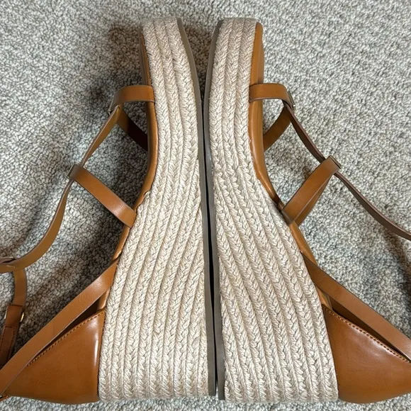 FRANCO SARTO PANA ANKLE STRAP ESPADRILLE WEDGE COGNAC GOLD ACCENT SANDALS *NWT*