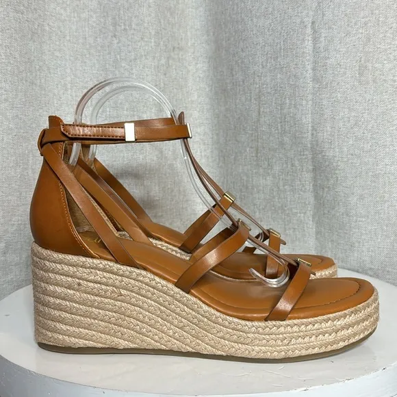 FRANCO SARTO PANA ANKLE STRAP ESPADRILLE WEDGE COGNAC GOLD ACCENT SANDALS *NWT*