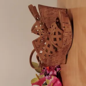 Franco Sarto Shea Faux Suede Cork Platform Wedge Sandals Size 10 Tan Nude