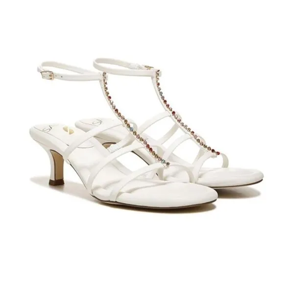 Franco Sarto Womens White Leather Rhinestones Kitten Heel Sandals Sz 8.5 NIB