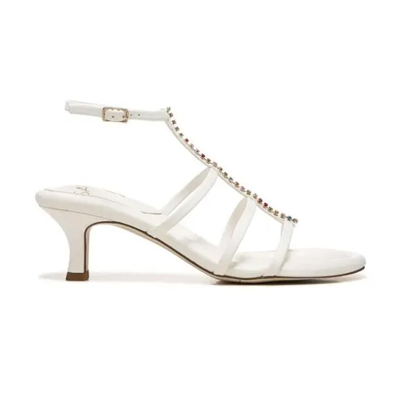 Franco Sarto Womens White Leather Rhinestones Kitten Heel Sandals Sz 8.5 NIB