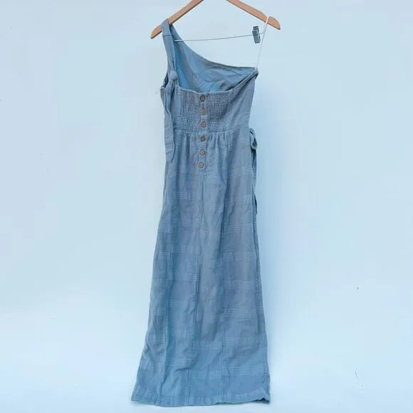 Free People At Leisure One Shoulder Wrap Midi Dress Linen Large Pale Blue