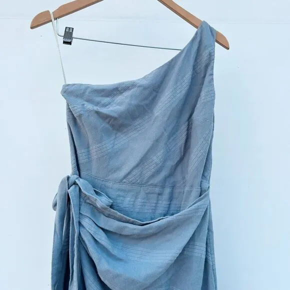 Free People At Leisure One Shoulder Wrap Midi Dress Linen Large Pale Blue