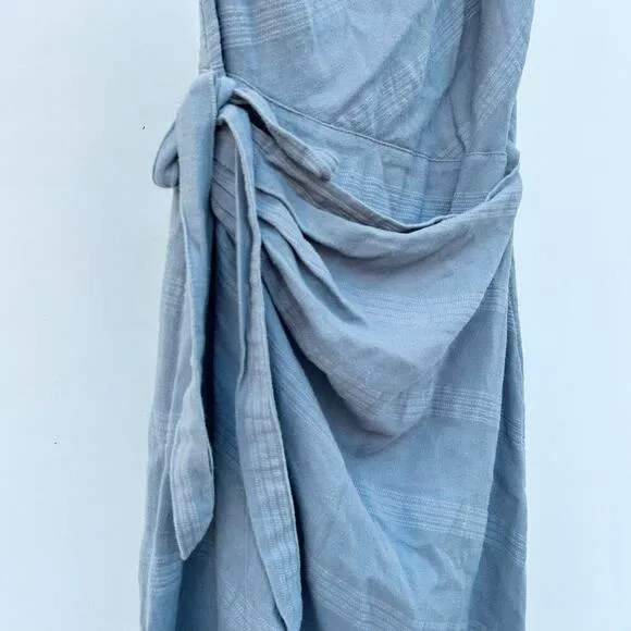 Free People At Leisure One Shoulder Wrap Midi Dress Linen Large Pale Blue