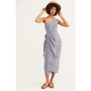 Free People At Leisure One Shoulder Wrap Midi Dress Linen Large Pale Blue