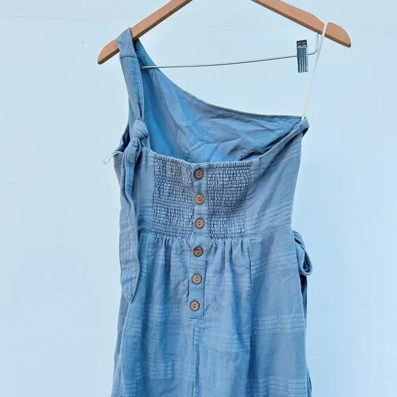 Free People At Leisure One Shoulder Wrap Midi Dress Linen Large Pale Blue