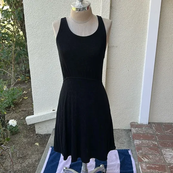 Free People Black Lady Jane Slinky stretch dress with open back lace trim.
