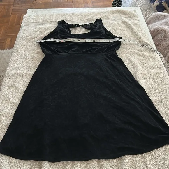 Free People Black Lady Jane Slinky stretch dress with open back lace trim.