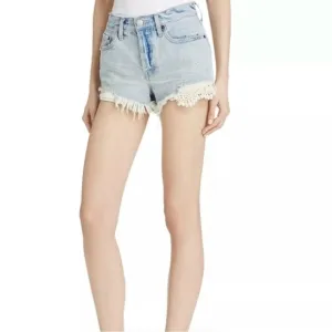 Free People blue Light Wash Distressed Denim Shorts with Lace Hem Versatile 26