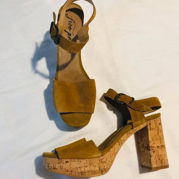 Free People Brooke Platform Tan Suede Leather Cork Sandals