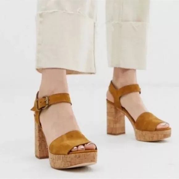 Free People Brooke Platform Tan Suede Leather Cork Sandals