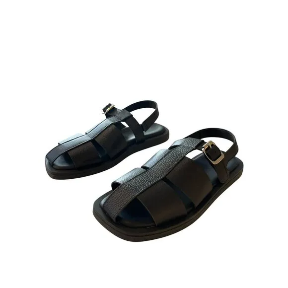 Free People Flora Black Leather Fisherman Sandals Size 7 NEW