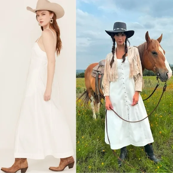 Free People Just Jill Denim Maxi Dress White Ivory Medium NWT Western Bohemian