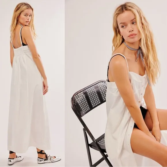 Free People Just Jill Denim Maxi Dress White Ivory Medium NWT Western Bohemian