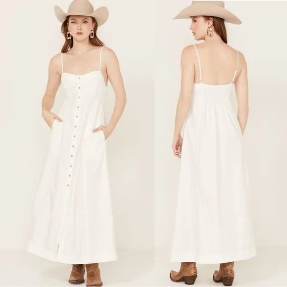 Free People Just Jill Denim Maxi Dress White Ivory Medium NWT Western Bohemian