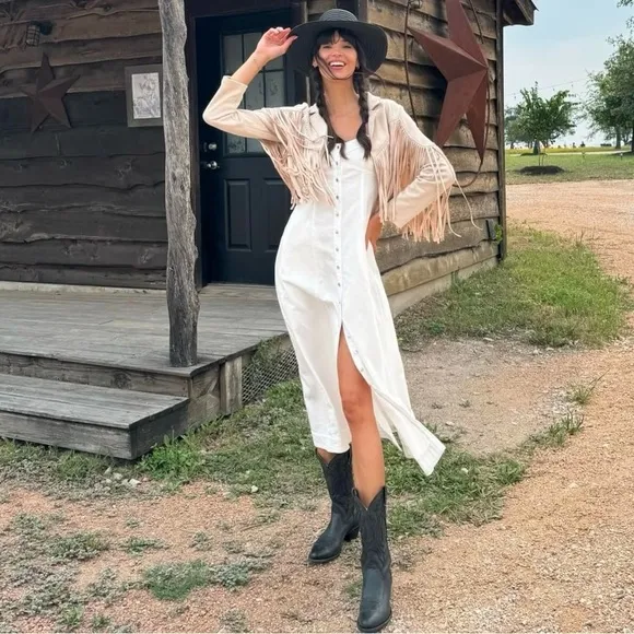 Free People Just Jill Denim Maxi Dress White Ivory Medium NWT Western Bohemian