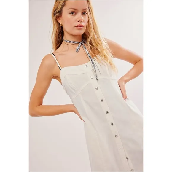 Free People Just Jill Denim Maxi Dress White Ivory Medium NWT Western Bohemian