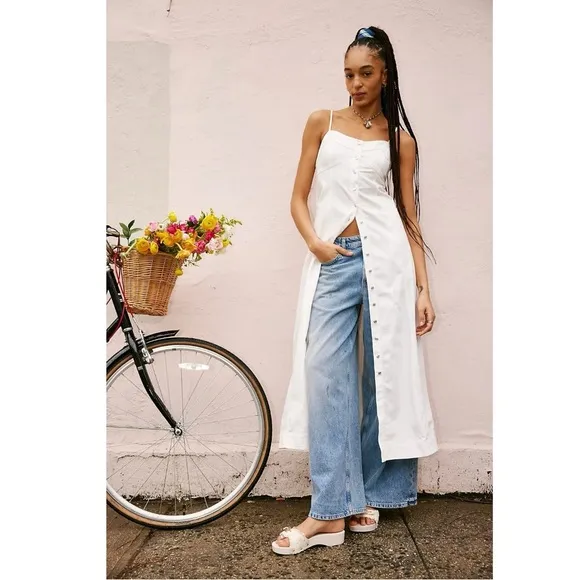 Free People Just Jill Denim Maxi Dress White Ivory Medium NWT Western Bohemian