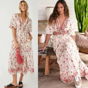 Free People Lysette Maxi Dress in Tea Combo Small Bohemian Gypsy Indian Cotton