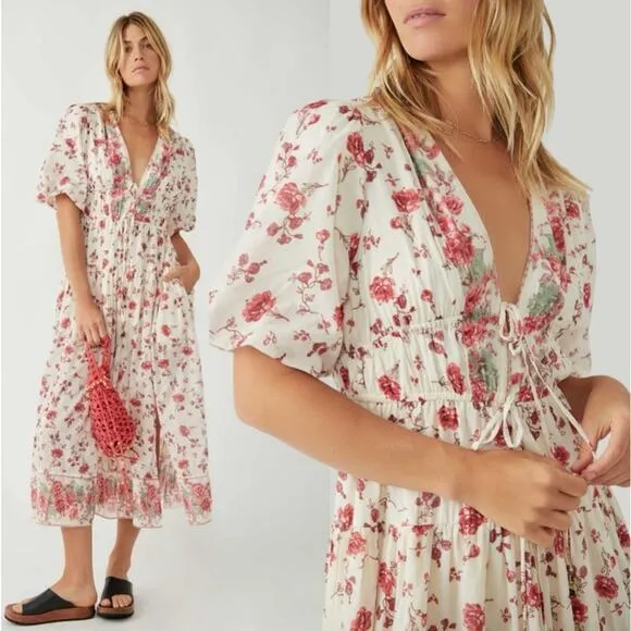 Free People Lysette Maxi Dress in Tea Combo Small Bohemian Gypsy Indian Cotton