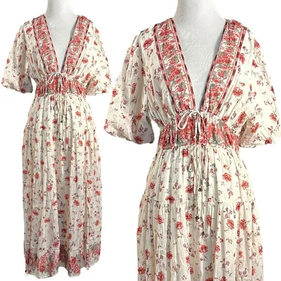 Free People Lysette Maxi Dress in Tea Combo Small Bohemian Gypsy Indian Cotton