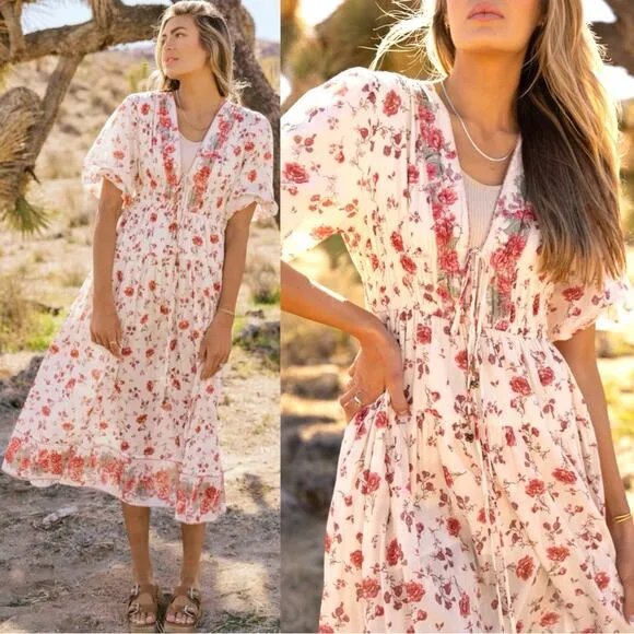 Free People Lysette Maxi Dress in Tea Combo Small Bohemian Gypsy Indian Cotton
