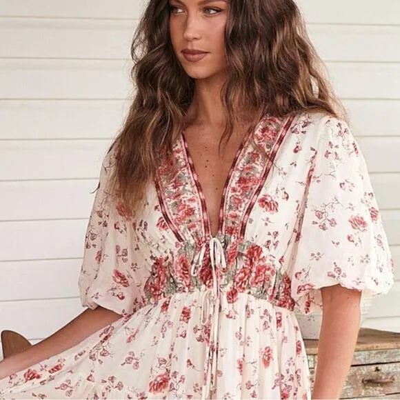 Free People Lysette Maxi Dress in Tea Combo Small Bohemian Gypsy Indian Cotton