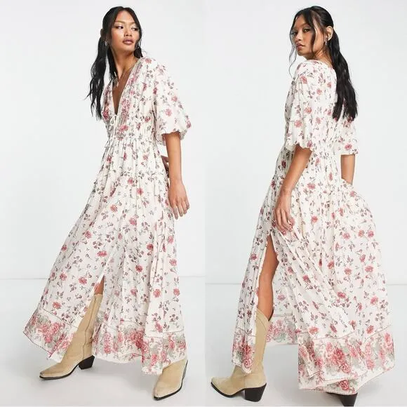 Free People Lysette Maxi Dress in Tea Combo Small Bohemian Gypsy Indian Cotton