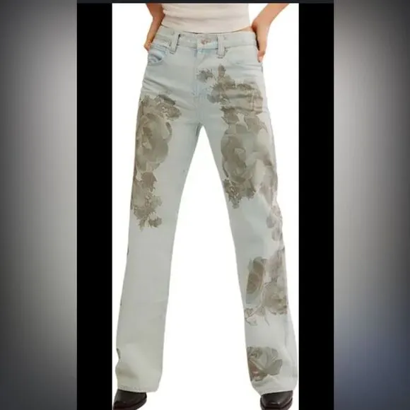Free People We the Free Tinsley High Rise Floral Print Baggy Straight Leg Jeans