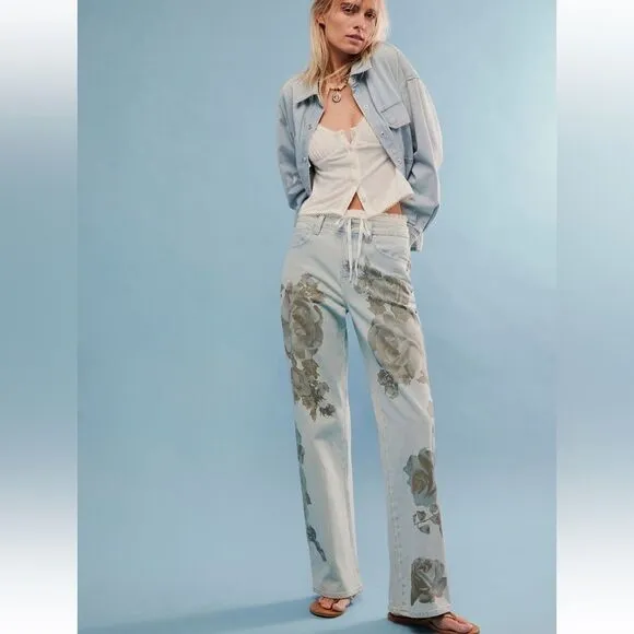 Free People We the Free Tinsley High Rise Floral Print Baggy Straight Leg Jeans