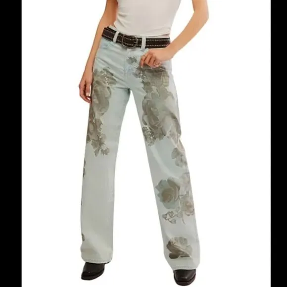 Free People We the Free Tinsley High Rise Floral Print Baggy Straight Leg Jeans