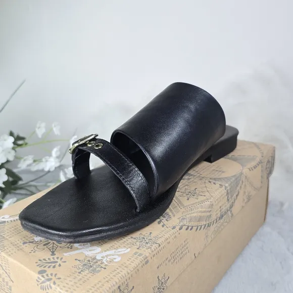 Free People Women's Leather Mila Minimal Sandals Buckle Strap Black Size 10 New