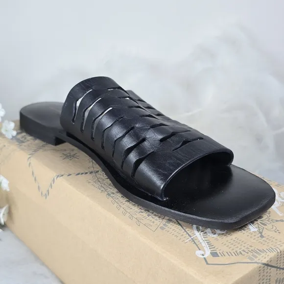 Free People Women's Leather Slice Of Sun Sandals Black Fishermen Size 10 New