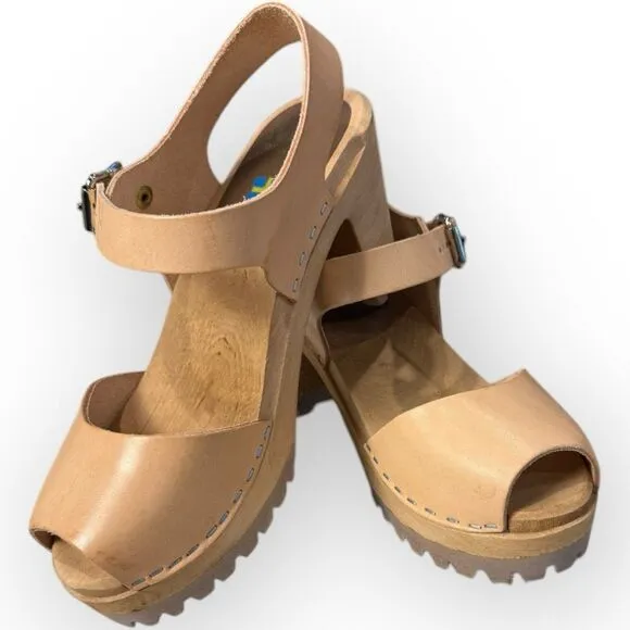 Free People X MIA Swedish Greta Platform Leather Wood Clogs Sandals Nude 36- 6