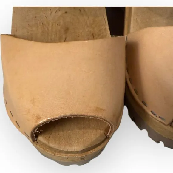 Free People X MIA Swedish Greta Platform Leather Wood Clogs Sandals Nude 36- 6