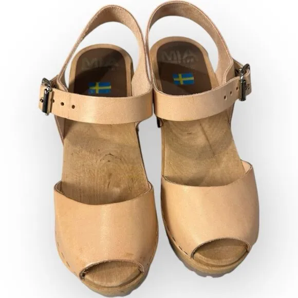 Free People X MIA Swedish Greta Platform Leather Wood Clogs Sandals Nude 36- 6